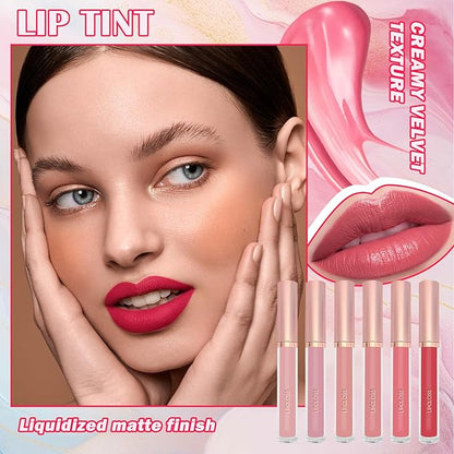 6 Colors Lip Tint Stain Set,Mini Liquid Lipstick Moisturizing Long Lasting Plumping High Pigmented Lip Gloss Set,Lightweight Non-Stick Cup Matte Lipstick for Waterproof Cheek and Lip Tint Makeup E