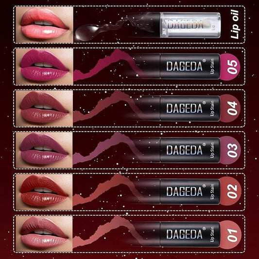 DAGEDA 5 Colors Peel Off Lip Stain Set,Tattoo Lip Stain Tint with Moisturizing Lip Oil, Highly Pigmented,Waterproof Long-lasting Peel Off Lip Liner Stain,Matte Finish Lip Makeup