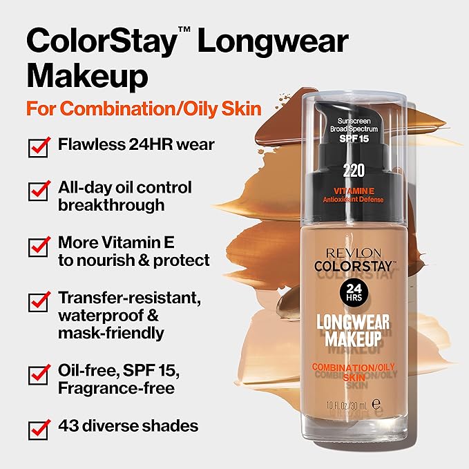 Revlon Liquid Foundation, ColorStay Face Makeup for Combination & Oily Skin, SPF 15, Medium-Full Coverage with Matte Finish, Golden Beige (300), 1.0 oz (Pack of 5)