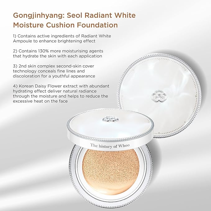 The History of Whoo Gongjinhyang: Seol Radiant White Moisture Cushion Foundation No 21 (13g x 2 Refill) Special Set 4 Items