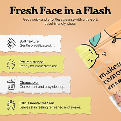 Pink Sky Makeup Remover Wipes for Face - Ultra Soft, Mini Makeup Wipes Individually Wrapped, Travel Makeup Wipes, Gently Cleanse & Remove, 40 Count (40 Wipes, VITAMIN C & CITRUS)