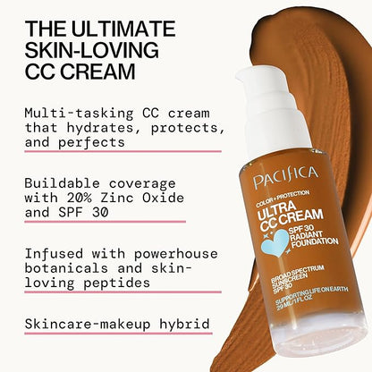 Pacifica Ultra CC Cream Radiant Foundation SPF 17 - Warm-Tan – Medium Coverage Color Correcting Foundation, Dewy Finish, Mineral SPF, 1 oz