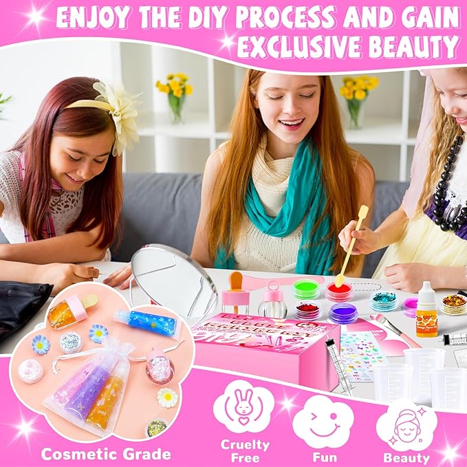 DIY Lip Gloss Making Kit 74 PCS, Pink Kids Lip Gloss Supplies Set Beginner, Fun Craft Set Moisturizing Base, Birthday Gift Set for Girls, Kids, Teenagers, Women