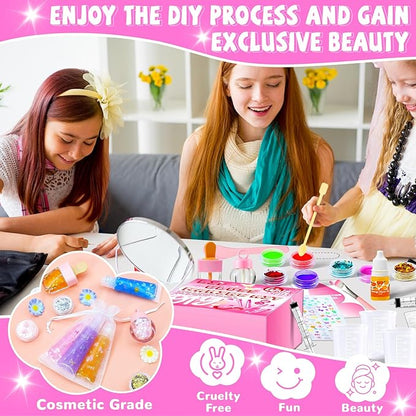 DIY Lip Gloss Making Kit 74 PCS, Pink Kids Lip Gloss Supplies Set Beginner, Fun Craft Set Moisturizing Base, Birthday Gift Set for Girls, Kids, Teenagers, Women