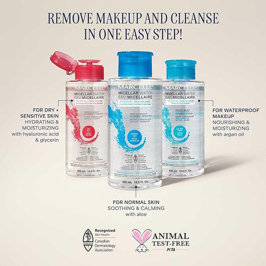 Marcelle Micellar Water, Dry Skin, Makeup Remover, Hyaluronic Acid, Sensitive Skin and Eyes, Oil-Free, Alcohol-Free, Fragrance-Free, Hypoallergenic, Cruelty-Free, 13.5 Fl. Oz.