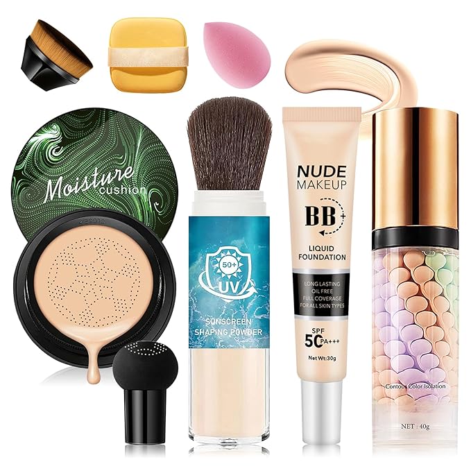 7PCS Mushroom Head Air Cushion CC Cream Foundation,Natural BB Cream Foundation Makeup,Moisturizing One Step Color Corrector,Loose Setting Powder Set with Makeup Sponges A