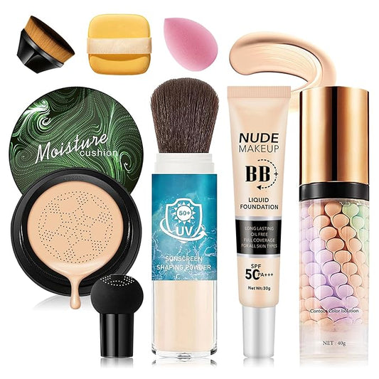 7PCS Mushroom Head Air Cushion CC Cream Foundation,Natural BB Cream Foundation Makeup,Moisturizing One Step Color Corrector,Loose Setting Powder Set with Makeup Sponges A