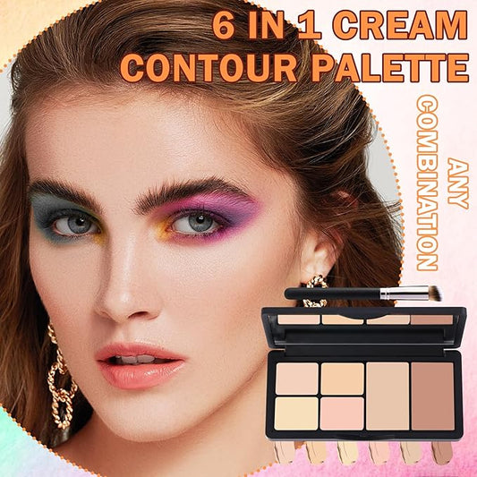 6 Colors Correcting Concealer Contour Makeup Palette,Cream Concealer Contour Palette for Dark Circles Blemish Redness,Highlighting Long Lasting Contouring Liquid Foundation Makeup with Brush（２PCS）