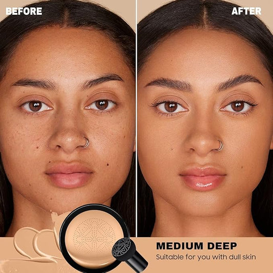 Mushroom Head Air Cushion CC Cream Foundation- Brightening Color Changing Foundation for Older Women, Moisturizing Full Coverage Self Adjusting Concealer Long-Lasting, Natural Finish (Medium Deep)