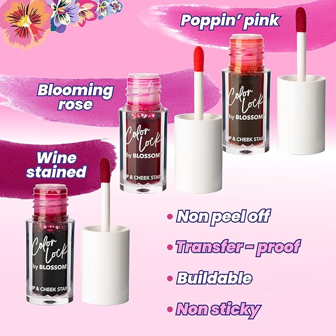 Blossom Lip Gloss Color Lock Lip Stain & Tint, Hydrating, Longlasting, Buildable, Non Drying, Smudgeproof + Transfer Proof, Made in USA with Doe Foot Applicator, 0.14oz, Poppin' Pink