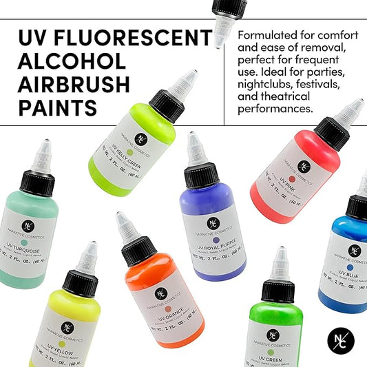 UV Fluorescent Alcohol Airbrush Paints - 2 fl oz, Glow Effect, Waterproof, Sweatproof, Highly Pigmented Liquid Makeup for Bodypainting, Film, TV, Festivals - UV Royal Purple