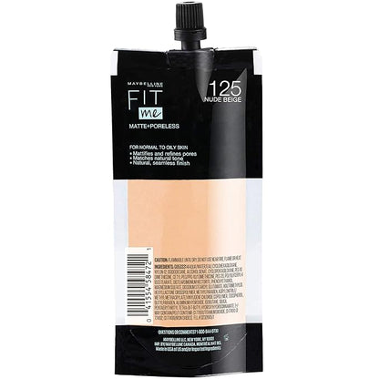 Maybelline New York Fit Me Matte + Poreless Liquid Foundation, Pouch Format, 125 Nude Beige, 1.3 Ounce