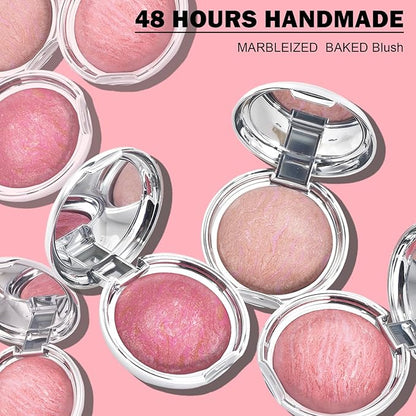 Baked Blush Marbleized Powder Blush for Cheeks, Creamy Lightweight Natural Finish, Infused with Vitamin E, Vegan & Cruelty Free, Talc Free - #002 CREAM ROSES