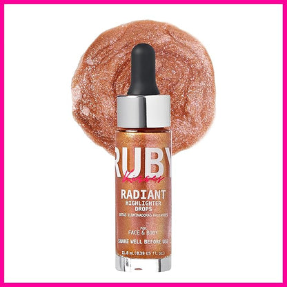 Ruby Kisses Radiant Drops, Shimmer Liquid Highlighter Makeup, Smooth Illuminator for Face Body, Natural Glow Dewiness Glitter for Skin (BLUSH GOLD)
