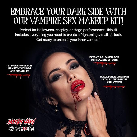 Vampire SFX Makeup Kit - Wicked Bite Special Effects Face Makeup Set with 1/2 Oz. Extra Thick Fake Blood, Black Pencil Liner, Stipple Sponge and Zipper Bag for Halloween or Stage - Bloody Mary