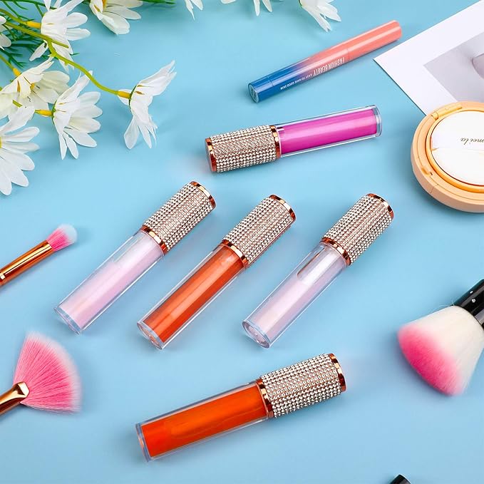 Maitys 12 Pieces Crystal Rhinestone Lip Gloss Wand Tubes Include 10 Pieces 5 ml Empty Lip Gloss Lip Balm Bottles with Rubber Stoppers and 2 Pieces 20 ml Plastic Syringe for Cosmetic (Rose Gold)