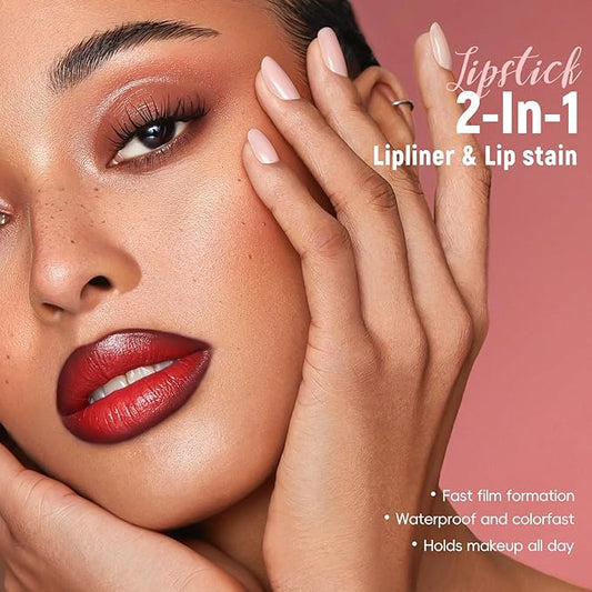 Brown Liquid Lip Liner Red Lip Stain Marker Pen, 2in1 Double Head 2 Color Lip Tint Pencil, Long Lasting Smudge Proof Lightweight Natural Matte Finish All Day Wear Cherry Lip Combo for Women