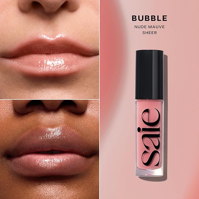 Saie Glossybounce - Hydrating Lip Gloss and Tinted Lip Oil Hybrid with Hyaluronic Acid & Jojoba Oil for Non-Sticky, Ultra-Shiny, Plump & Soft Lips - Everyday Makeup Essential - Bubble (.17 oz)