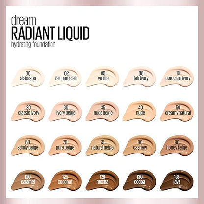 Maybelline Dream Radiant Liquid Medium Coverage Hydrating Makeup, Lightweight Liquid Foundation, Vanilla, 1 Fl; Oz