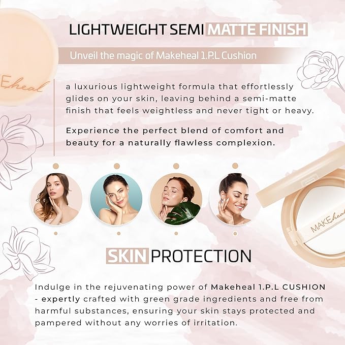 [Makeheal] 1.P.L Cushion with SPF 40 PA++, Conceal Blemishes and Reduce Redness, A Full and All-Day Wear Coverage with a Lightweight Formula & Semi Matte Finish, Korean Beauty & Skincare (19N - Purity)