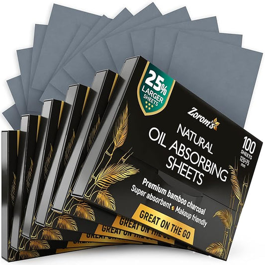 Natural Oil Blotting Sheets for Face with Bamboo Charcoal - 25% Larger - 6pk/600 Makeup Friendly Blotting Papers - Easy Dispensing Oil Absorbing Sheets for Face
