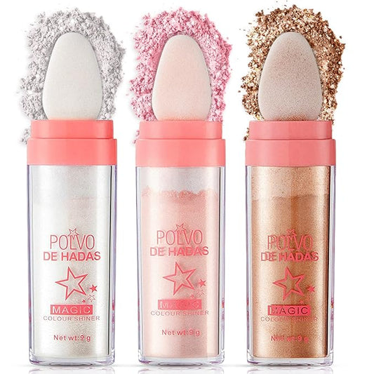 Ofanyia 3Pcs Highlighter Powder Stick, Polvo De Hadas Highlight Patting Powder, Shine Body Brighten Glitter Shimmer Three-dimensional Sparkle Patting Powder for Face Eyes Lips Hair Body Glow Makeup