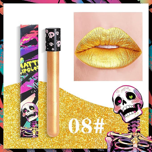 Yellow Metallic Liquid Shimmer Lipstick Glitter Lip Gloss, Glossy Full Matte Lip Gloss, Waterproof Longlasting High Pigment Shimmer Lip Gloss,Bold Goth Makeup for Halloween Makeup Gift, #08