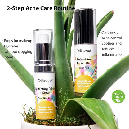 Frilliance Clear Skin Kit Perfecting Primer Serum & Facial Mist for Acne, Vegan Cruelty Free for Teens of All Skin Types, Mandelic Acid Fights Breakouts Blackheads