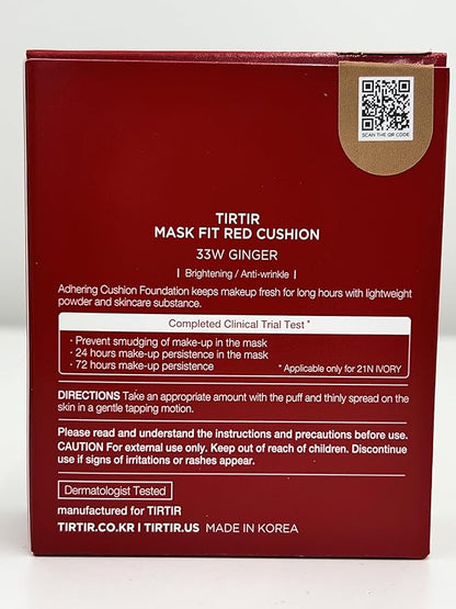 TIRTIR Mask Fit Red Cushion Foundation | Full coverage, Weightless, Skin fit, Satin Glow Finish, Korean Makeup, beauty, Tattoo cover up, Buildable (#33W Ginger, 0.63 Fl Oz)
