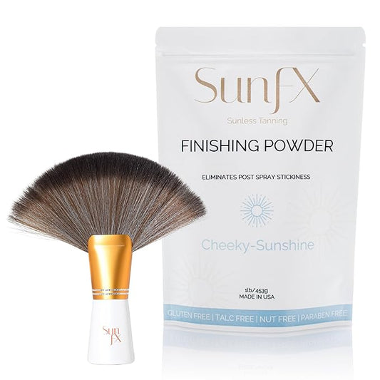SunFX Post Spray Tanning Finishing Powder 1LB Cheeky Sunshine & Professional Salon Large Fan Brush Combo