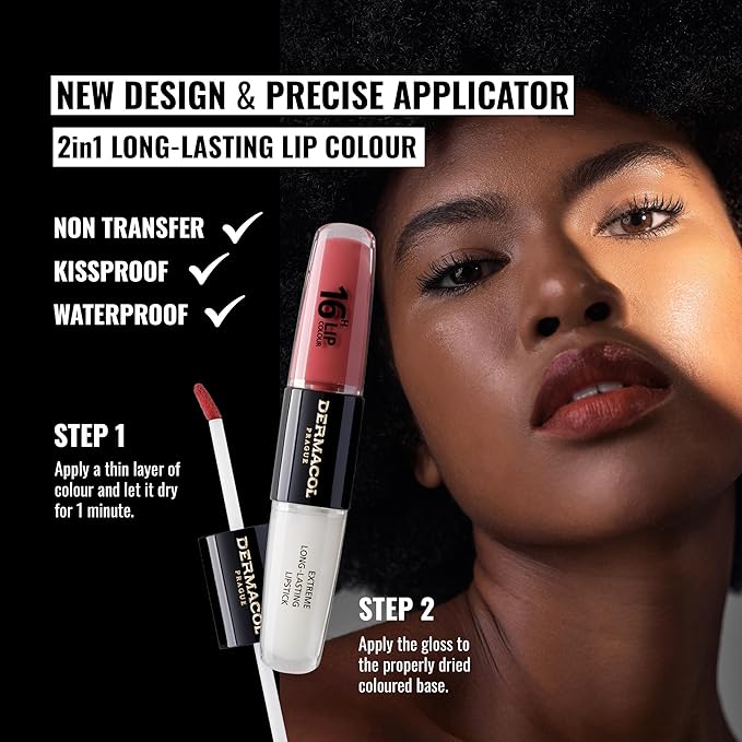 Dermacol NEW 16-Hour Lip Colour, Highly Pigmented Glossy Lip Stain, Two-Phase Lip Plumper Gloss, Kissproof Lip Makeup Products with Matte and Glitter Finish, n.1