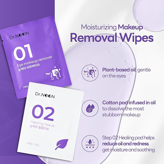Dr. NOON Oil-Based Makeup Remover & Soothing 2-Step Wipes with Pot Marigold & Melatonin for Heavy Makeup Removal, Eye Wellness | Nourishes & Hydrates Sensitive Skin, Individually Wrapped, 40 wipes