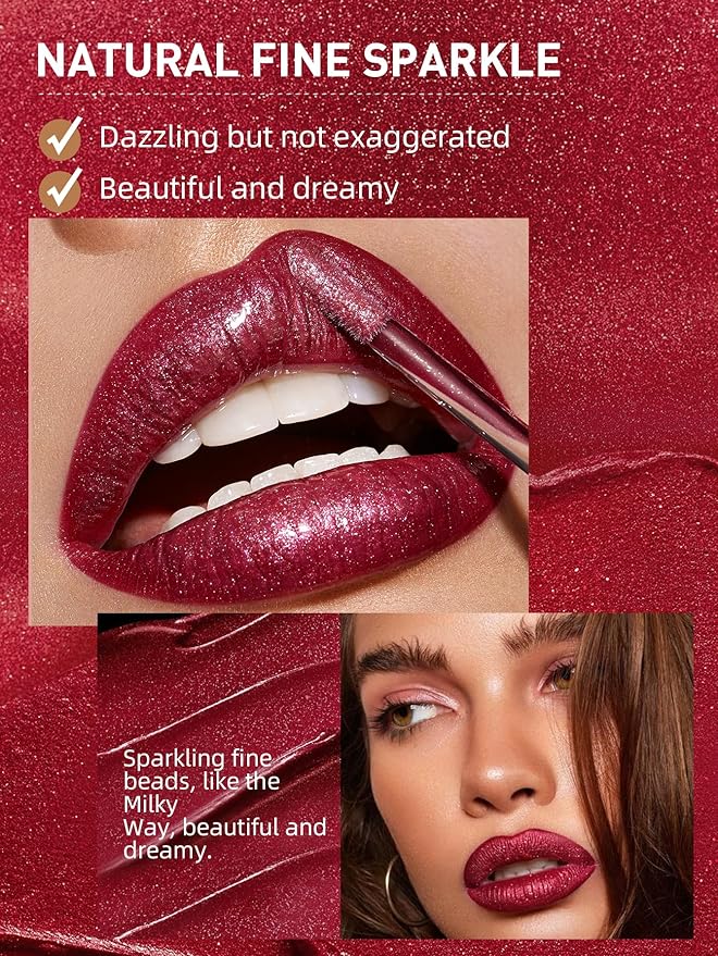 Red Lip Gloss for Women, High Pigment Diamond Shimmer Metallic Lip Glaze, Long-Lasting Shiny Liquid Lipstick, Waterproof, Moisturizing, Popular Shiny Lip Color,Christmas Party Makeup (#06)