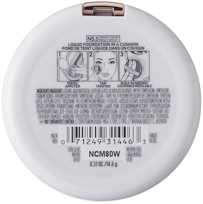 L'Oréal Paris True Match Lumi Cushion Foundation, N.5.5 Perfect Beige, 0.51 oz.