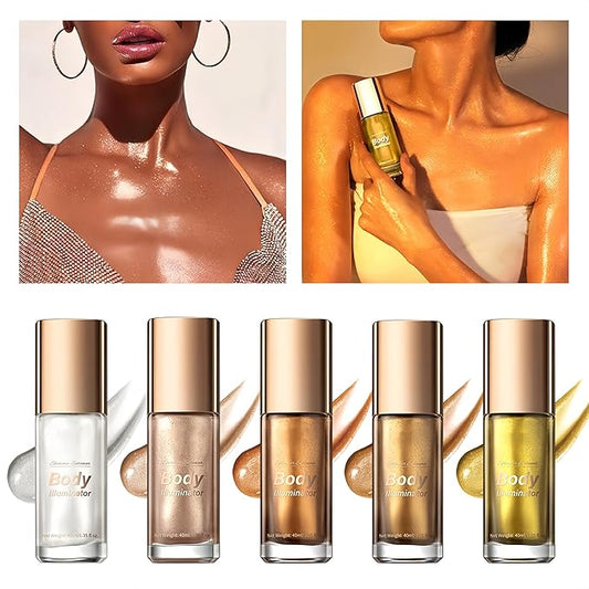 Moisturizing Body Luminizers 5 Colors Smooth and Shimmer Body Oil Long Lasting Liquid Body Highlighter for Face & Body & Leg (40ml, 01 Sliver)
