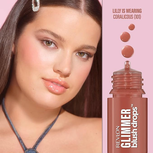 Revlon Glimmer Blush Drops, Liquid Blush for Cheeks, Liquid to Velvety Powder Finish, Glowy, High Pigment, 101 Coralicious, 0.32 fl oz