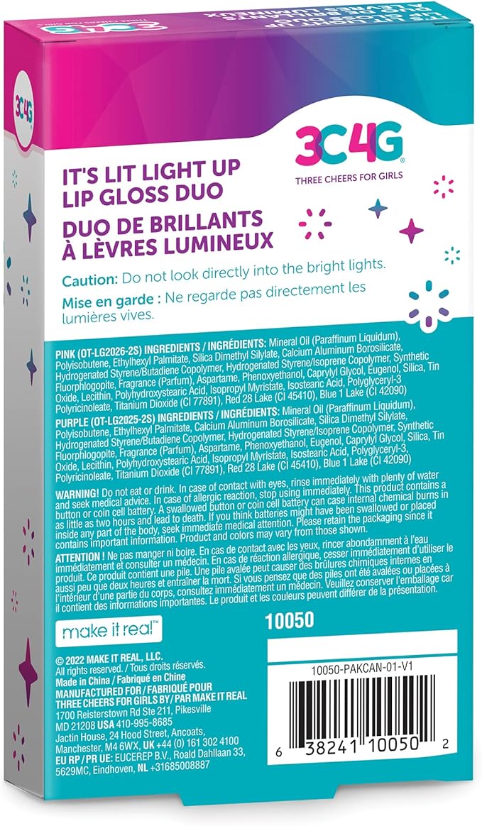 3C4G It's Lit! Light Up Lip Gloss Duo - Glitter Lip Gloss for Kids with Up Lid & Wand - 2 Pack Kids Lip Gloss Set - Strawberry Flavored Lip Gloss for Girls 8-10-12-14 by Make It Real