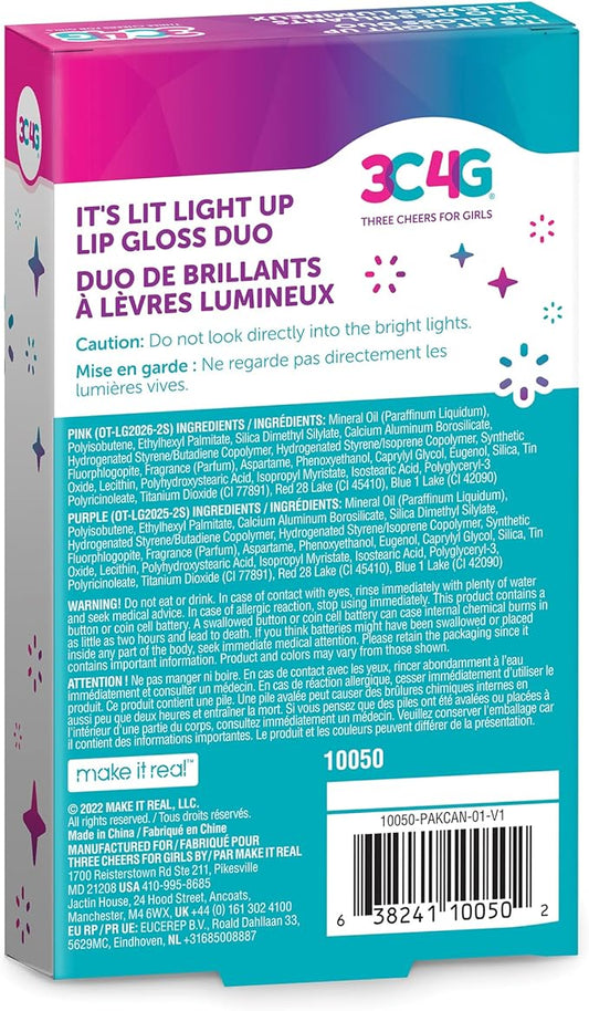 3C4G It's Lit! Light Up Lip Gloss Duo - Glitter Lip Gloss for Kids with Up Lid & Wand - 2 Pack Kids Lip Gloss Set - Strawberry Flavored Lip Gloss for Girls 8-10-12-14 by Make It Real