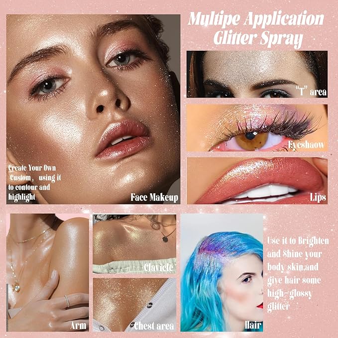 Boko Highlighter Powder Spray, Cosmetic Body Shimmer Spray High Gloss Diamond Highlight Glitter Powder Makeup Sparkle Glitter Hairspray Christmas Rave Accessories for Women Face Paint Hair Clothes