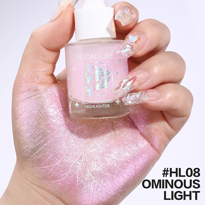 FOCALLURE Starfall Glowing Liquid Highlighter, Shimmering Body Oil, Non-Sticky Shimmer Liquid Luminizer, Non-Greasy, Face & Body Glitter Makeup for Costumes, Cosplay, Rave Festival, OMINOUS LIGHT
