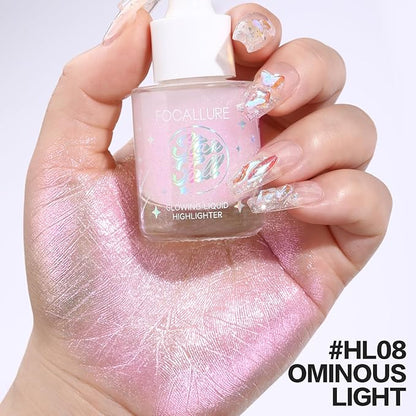 FOCALLURE Starfall Glowing Liquid Highlighter, Shimmering Body Oil, Non-Sticky Shimmer Liquid Luminizer, Non-Greasy, Face & Body Glitter Makeup for Costumes, Cosplay, Rave Festival, OMINOUS LIGHT