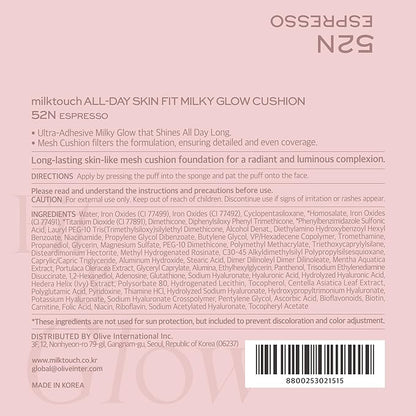 milktouch Cushion Foundation, 24H Flawless Skin, Radiant Shine, No Oxidation, Long-Lasting, Non-Creasing, 60% Hydrating Skincare Infused Korean Foundation, Valentines Gifts (52N Espresso)