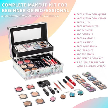 Hot Sugar Makeup Kit for Women Full Kit Teen Girls Starter Cosmetic Gift Set with Beautiful Rainbow Train Case Includes Pigmented Eyeshadow Palette Blush Lipstick Lip Pencil Eye Pencil (Rainbow)