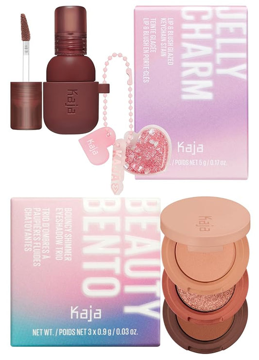 Kaja Lip & Blush Glazed Keychain Stain - Jelly Charm 06 Mocha Glaze + Beauty Bento Collection - Bouncy Eyeshadow Trio 10 Spiked Ginger, 0.03 Oz Bundle
