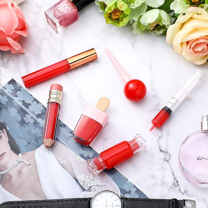 Maitys 30 Pcs Lip Gloss Tube Tool Set, Include 20 Pencil Ice-cream Lollipop Candy Shaped Empty Lip Gloss Tubes, 5 Clear Balm Containers with Rose Gold Cap and 5 Plastic Syringe for Women DIY