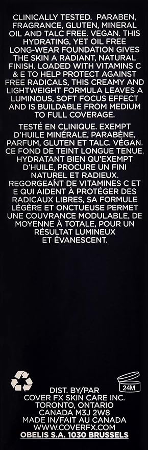 Cover FX Natural Finish Foundation: Water-based Foundation that Delivers 12-hour Coverage and Natural, Second-Skin Finish with Powerful Antioxidant Protection - N100, 1 Fl Oz