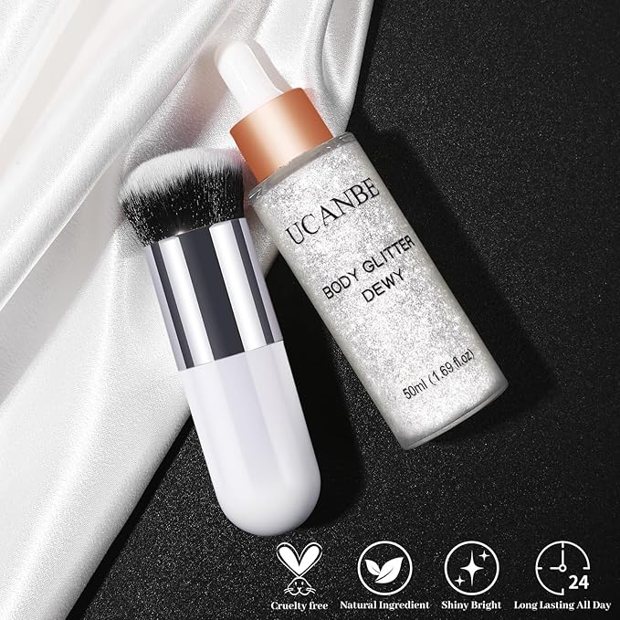 UCANBE Face Body Glitter Liquid Highlighter Illuminator Dewy Drops with Makeup Brush, Makeup Sparkle Shine Luminizer Enhancer Skin Body Shimmer Tint 50ml/1.69oz (02 Silver Fairy White, Standard)