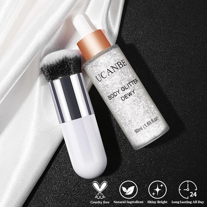 UCANBE Face Body Glitter Liquid Highlighter Illuminator Dewy Drops with Makeup Brush, Makeup Sparkle Shine Luminizer Enhancer Skin Body Shimmer Tint 50ml/1.69oz (02 Silver Fairy White, Standard)