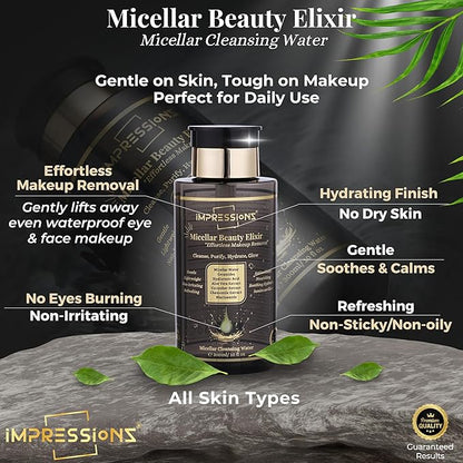 ImpressionZ Premium 300ml Micellar Water Makeup Remover | Gentle, Non-Sticky & Hypoallergenic Make Up Remover Liquid for All Skin Types | Fragrance-Free Micellar Cleansing Water | Hydrates & Soothes