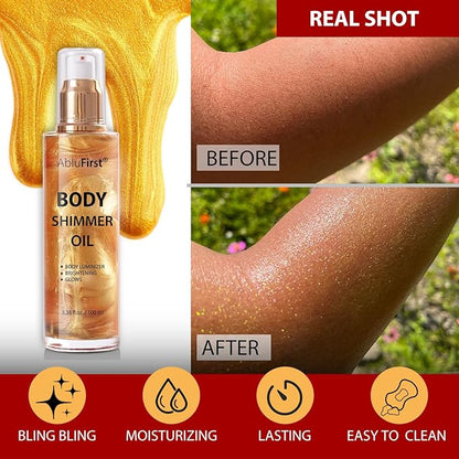 Shimmer Body Oil Summer Body Glitter Moisturizing Light Shimmer Glow Non-Sticky Summer Body Luminizer and Illuminator Smooth (2.8 Fl Oz (Pack of 1), Gold)